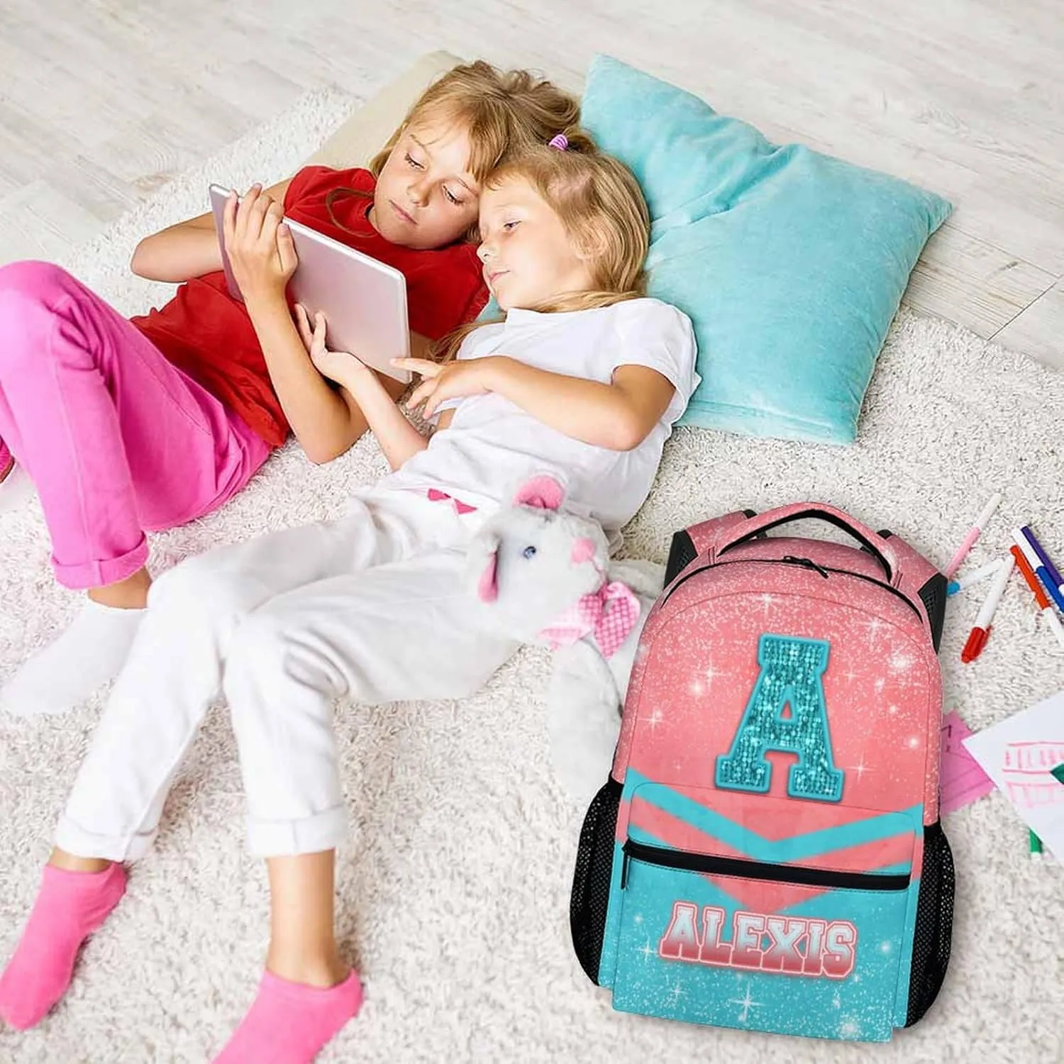 Cheer Backpack for Girls 3-10 - Custom Glitter Cheerleading Bookbag for Kids Kindergarten Preschool Elementary - 17 Inch Durable Pink & Blue Personalized Initial Name Daypack for School Travel Hiking