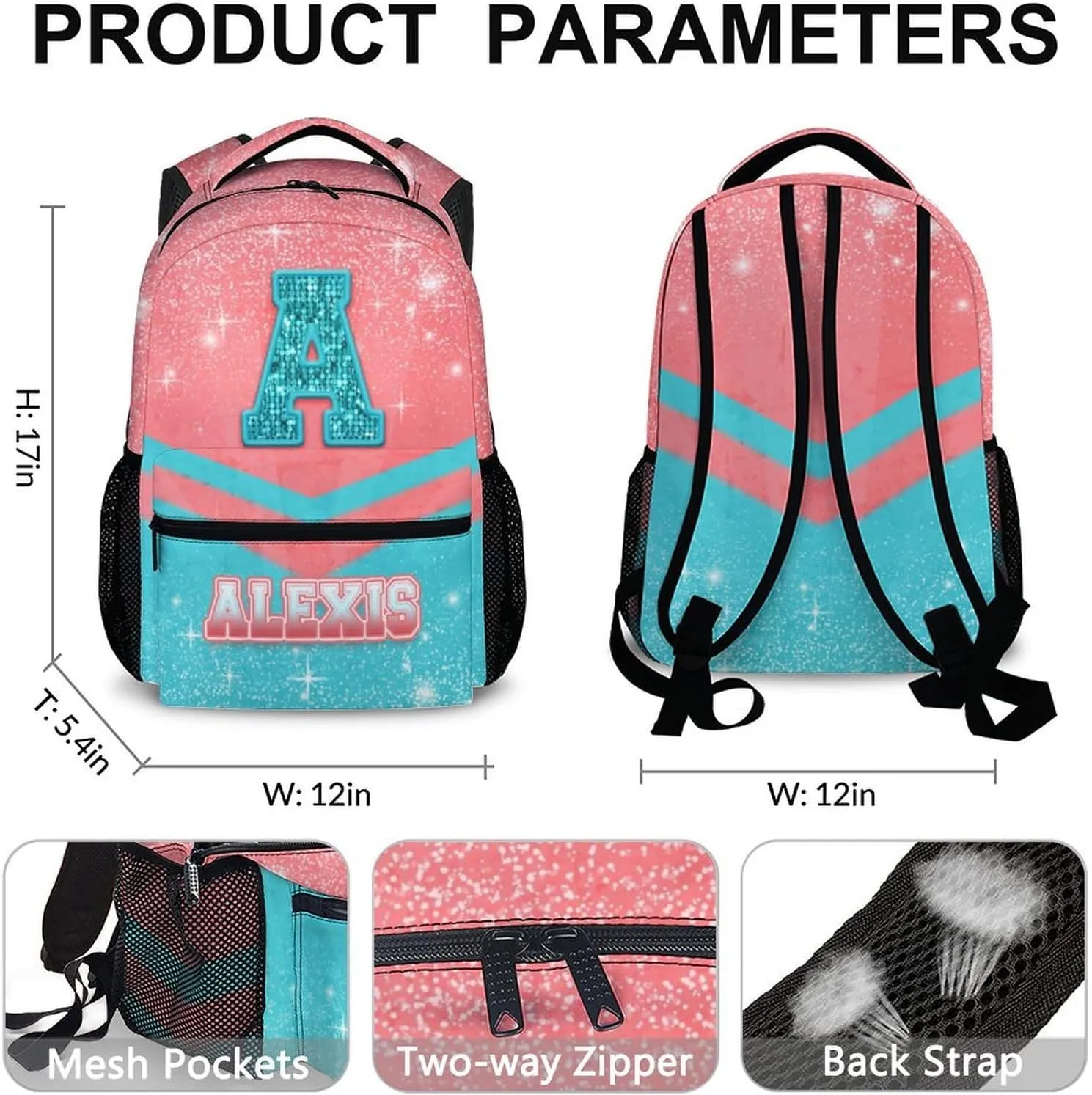 Cheer Backpack for Girls 3-10 - Custom Glitter Cheerleading Bookbag for Kids Kindergarten Preschool Elementary - 17 Inch Durable Pink & Blue Personalized Initial Name Daypack for School Travel Hiking