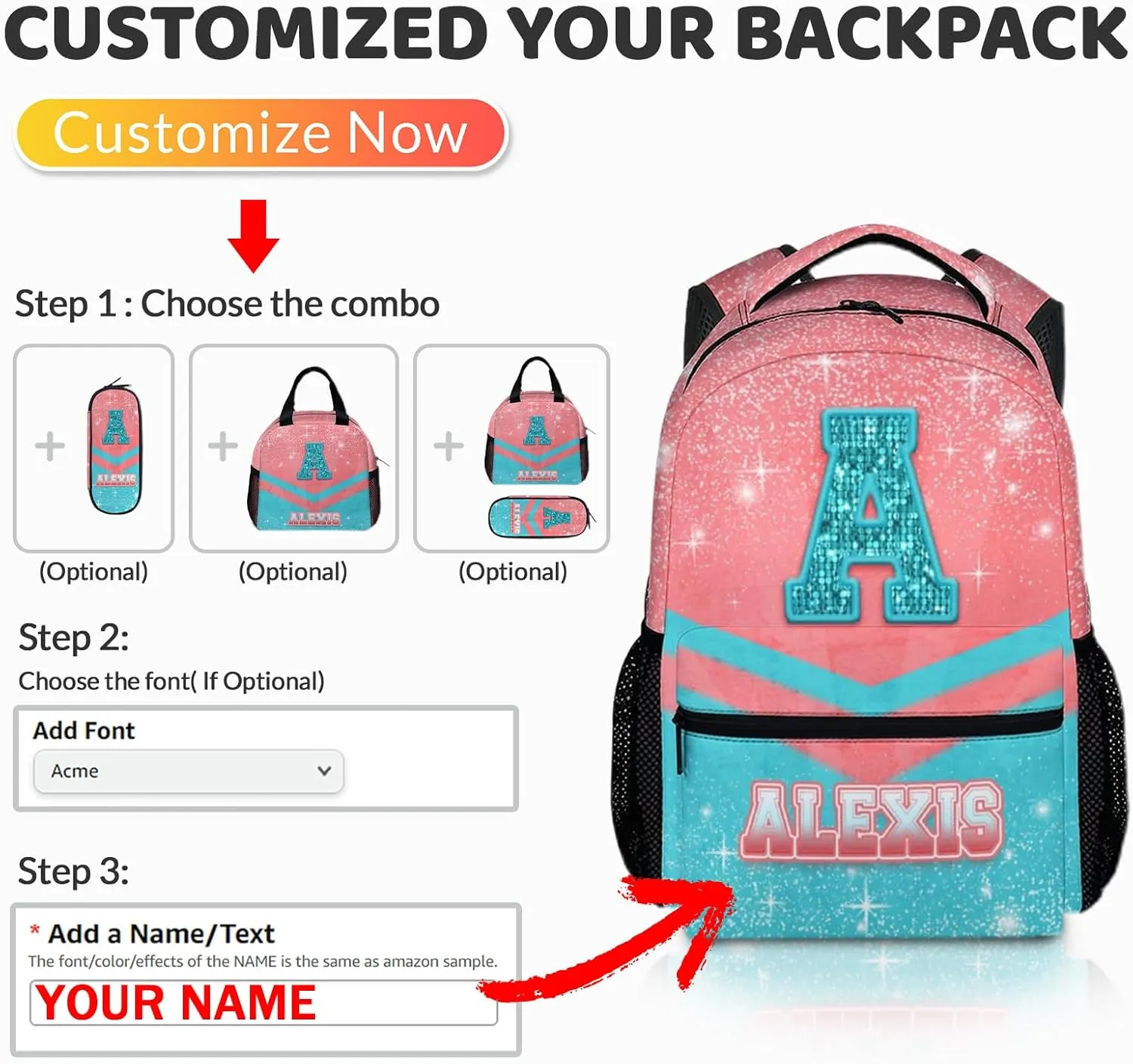 Cheer Backpack for Girls 3-10 - Custom Glitter Cheerleading Bookbag for Kids Kindergarten Preschool Elementary - 17 Inch Durable Pink & Blue Personalized Initial Name Daypack for School Travel Hiking