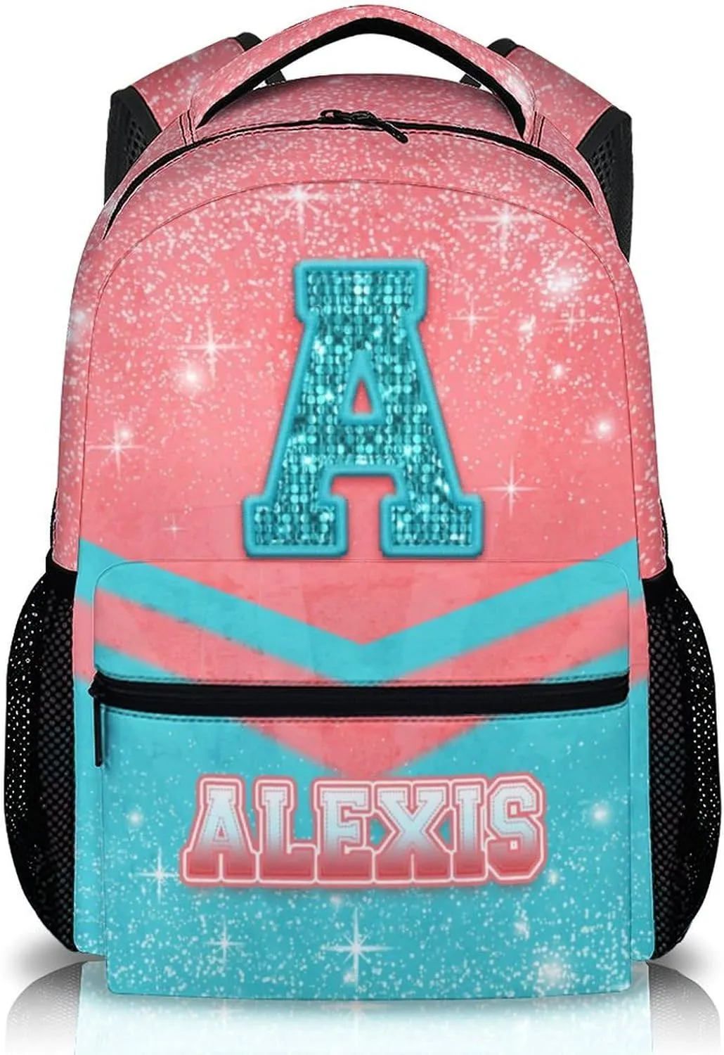 Cheer Backpack for Girls 3-10 - Custom Glitter Cheerleading Bookbag for Kids Kindergarten Preschool Elementary - 17 Inch Durable Pink & Blue Personalized Initial Name Daypack for School Travel Hiking