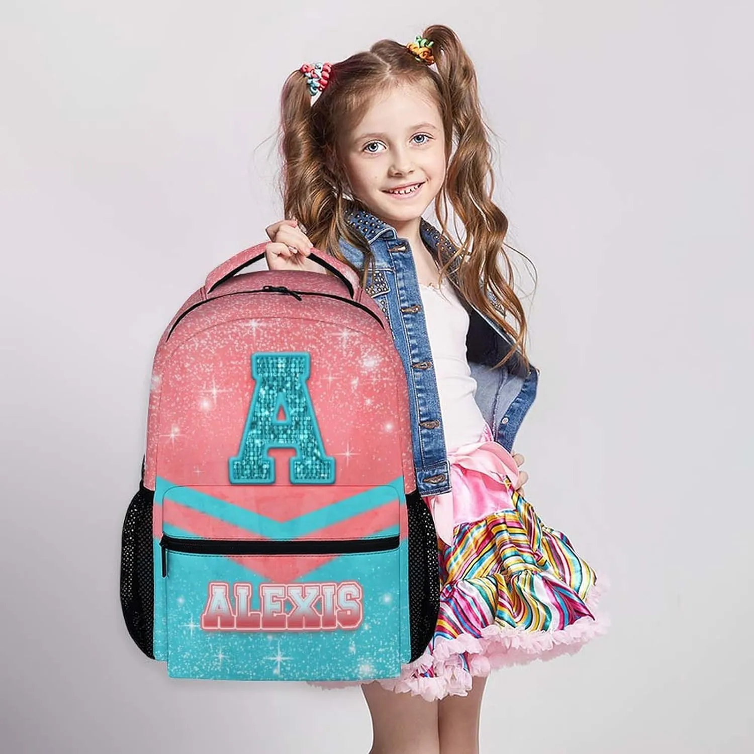 Cheer Backpack for Girls 3-10 - Custom Glitter Cheerleading Bookbag for Kids Kindergarten Preschool Elementary - 17 Inch Durable Pink & Blue Personalized Initial Name Daypack for School Travel Hiking