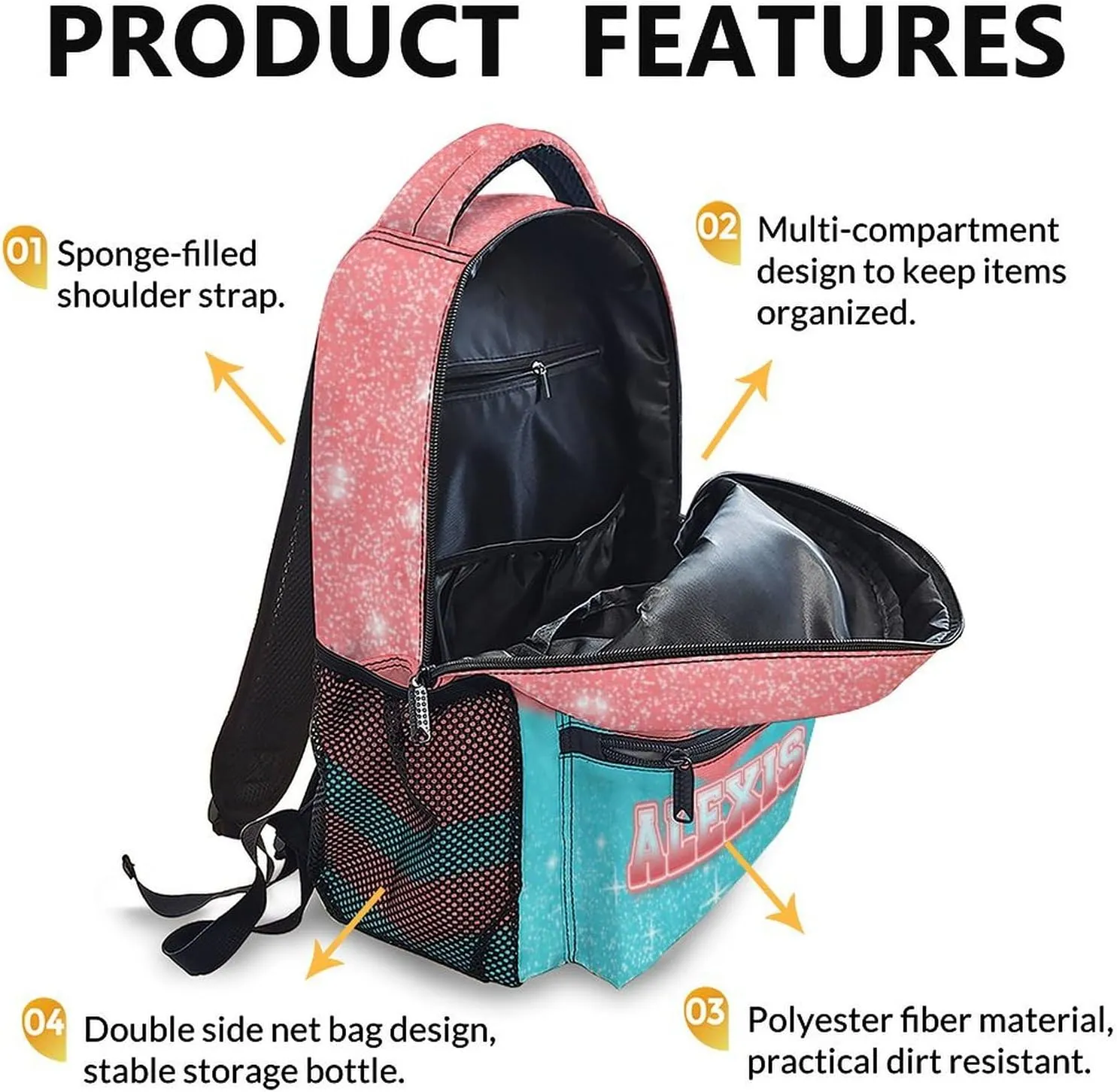 Cheer Backpack for Girls 3-10 - Custom Glitter Cheerleading Bookbag for Kids Kindergarten Preschool Elementary - 17 Inch Durable Pink & Blue Personalized Initial Name Daypack for School Travel Hiking