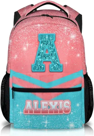 Cheer Backpack for Girls 3-10 - Custom Glitter Cheerleading Bookbag for Kids Kindergarten Preschool Elementary - 17 Inch Durable Pink & Blue Personalized Initial Name Daypack for School Travel Hiking