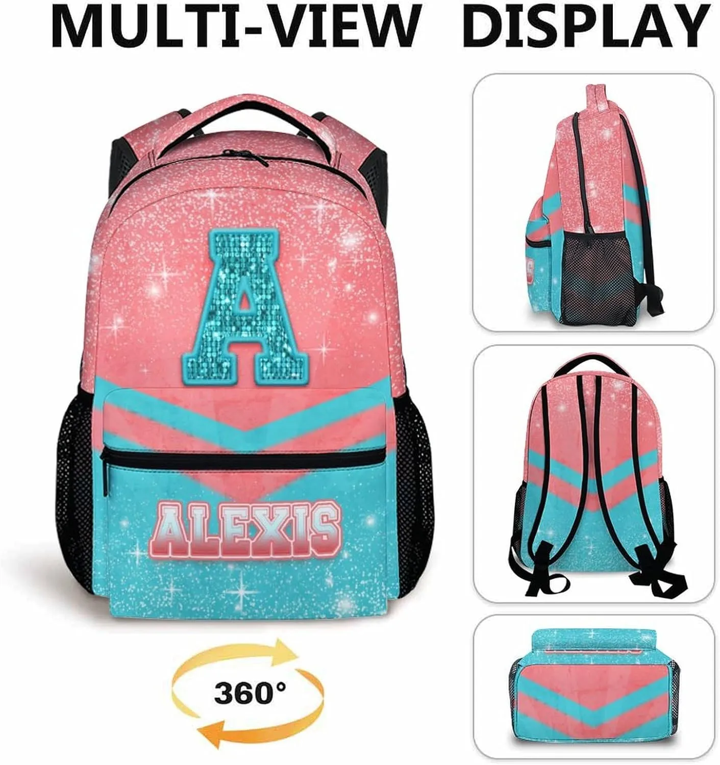 Cheer Backpack for Girls 3-10 - Custom Glitter Cheerleading Bookbag for Kids Kindergarten Preschool Elementary - 17 Inch Durable Pink & Blue Personalized Initial Name Daypack for School Travel Hiking