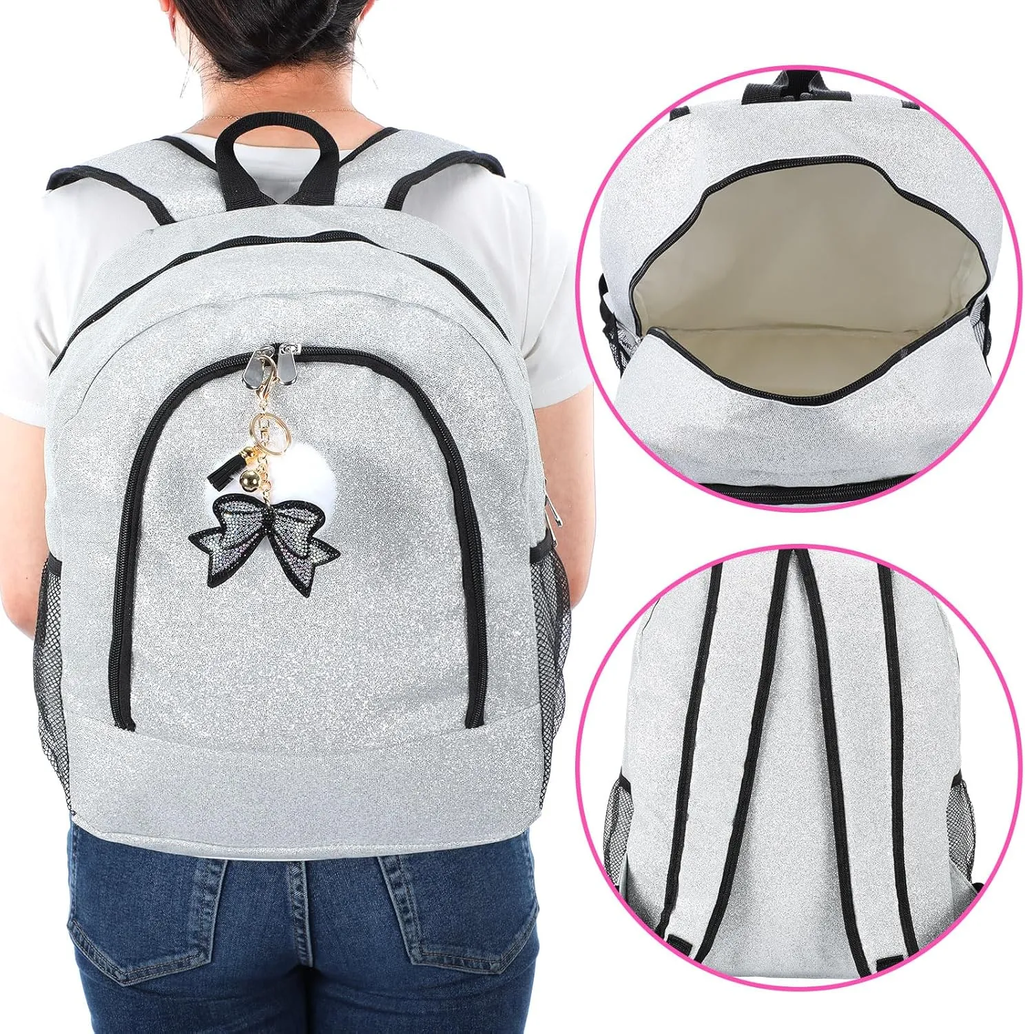 Cheer Backpack with Bow Keychain Cheerleading Glitter Backpack Cheerleaders Gift Cheer Bags for Sport (Silver,Large)