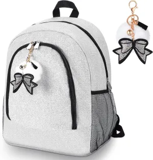 Cheer Backpack with Bow Keychain Cheerleading Glitter Backpack Cheerleaders Gift Cheer Bags for Sport (Silver,Large)