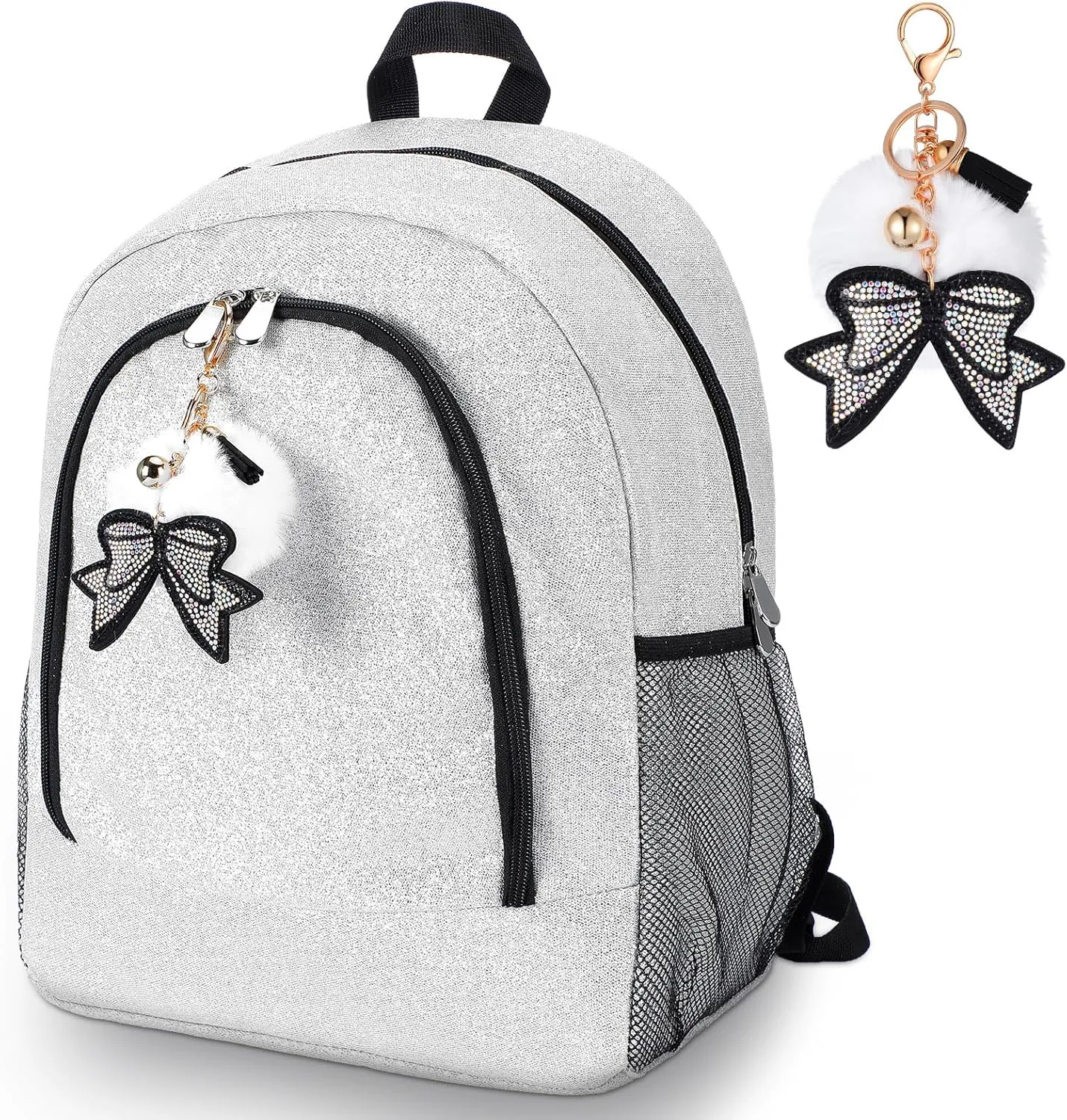 Cheer Backpack with Bow Keychain Cheerleading Glitter Backpack Cheerleaders Gift Cheer Bags for Sport (Silver,Large)