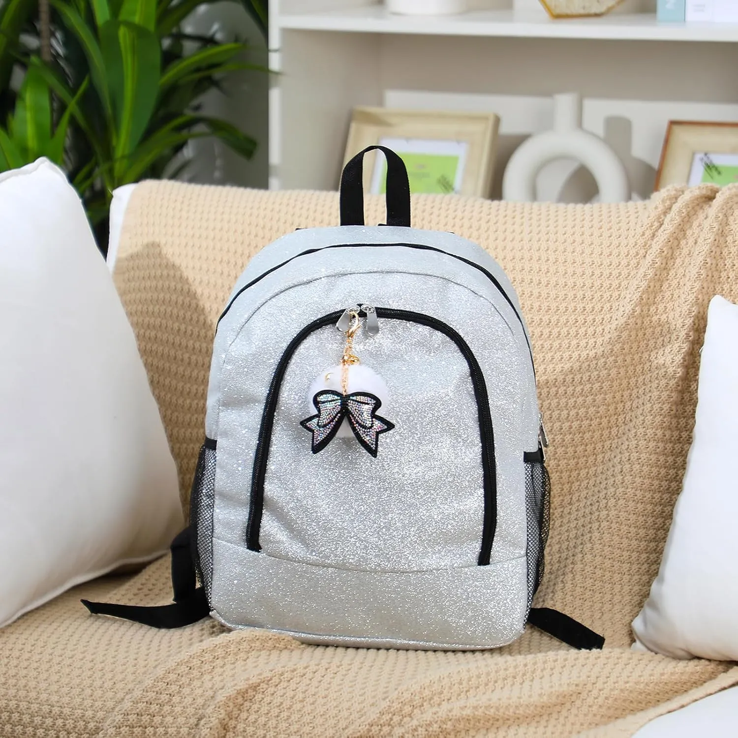 Cheer Backpack with Bow Keychain Cheerleading Glitter Backpack Cheerleaders Gift Cheer Bags for Sport (Silver,Large)