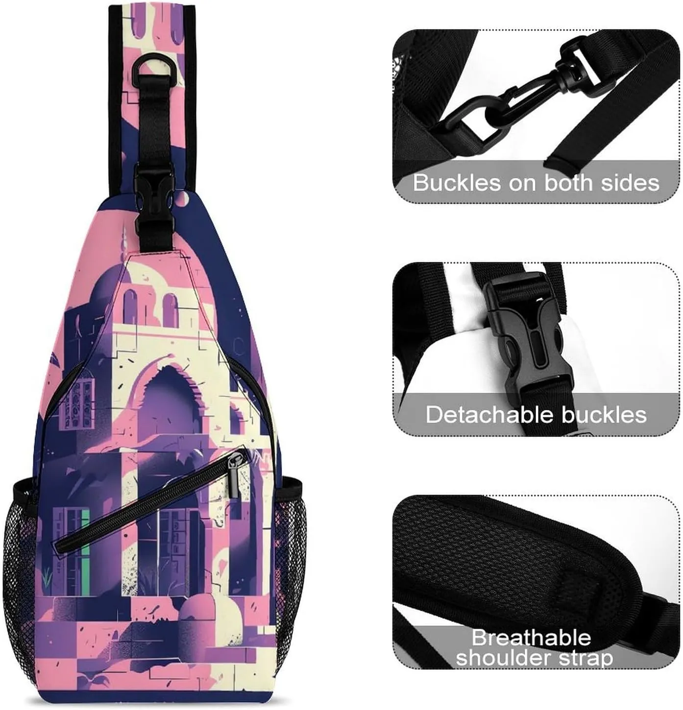 Chest Bag Sling Bag for Men Women Traditional Architecture Sport Sling Backpack Lightweight Shoulder Bag for Travel