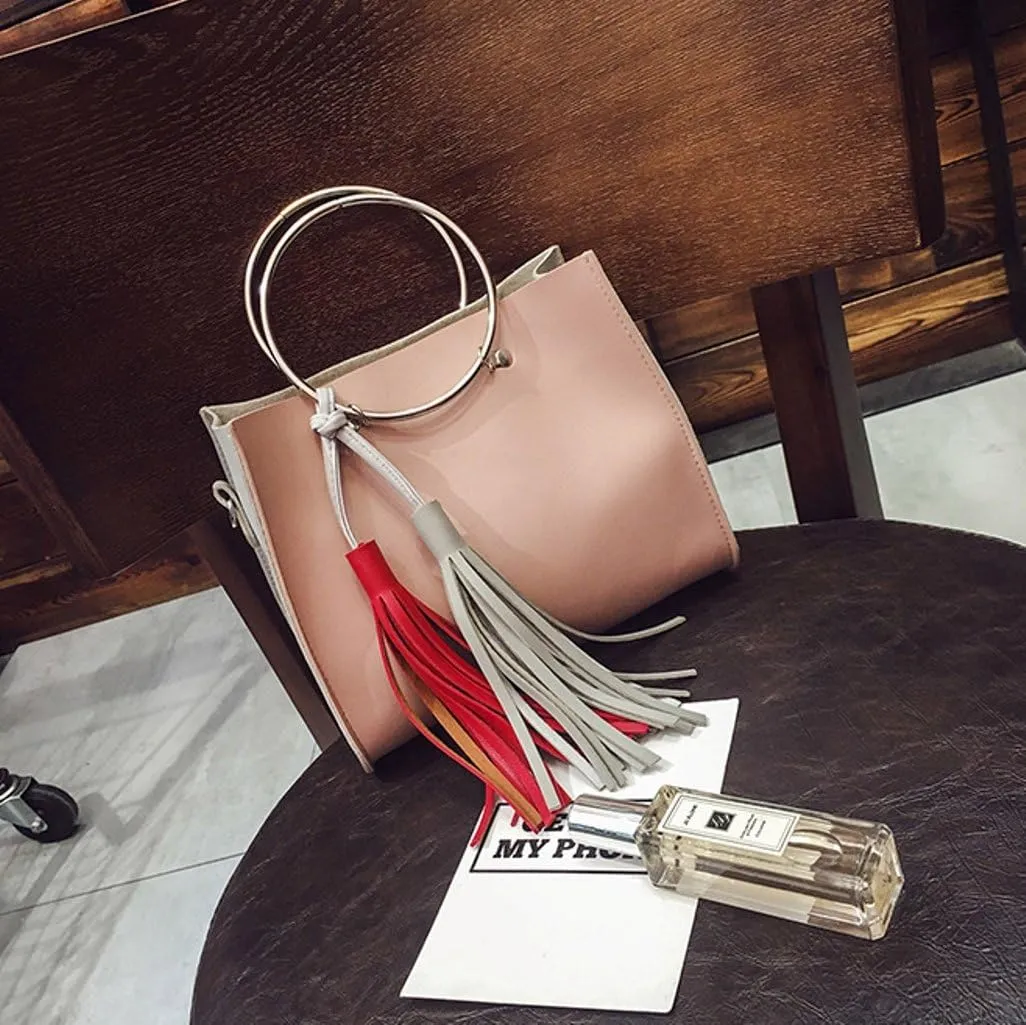 Chezi Women's Faux Leather Red White Tassel Small Tote Bag Satchel