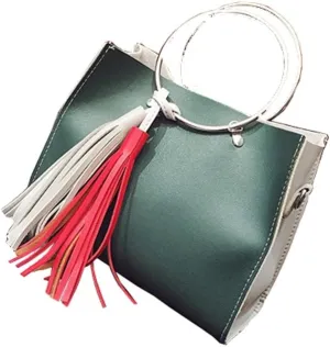 Chezi Women's Faux Leather Red White Tassel Small Tote Bag Satchel