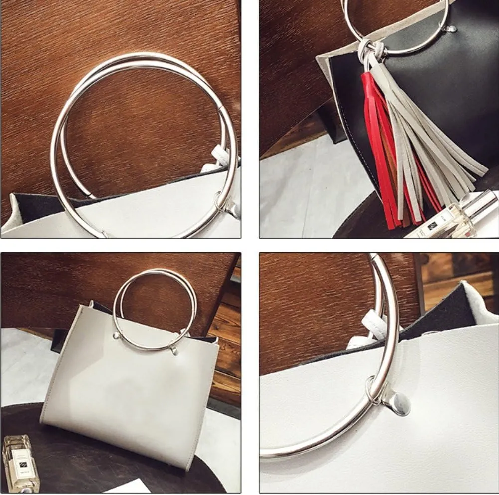 Chezi Women's Faux Leather Red White Tassel Small Tote Bag Satchel
