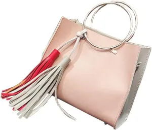 Chezi Women's Faux Leather Red White Tassel Small Tote Bag Satchel