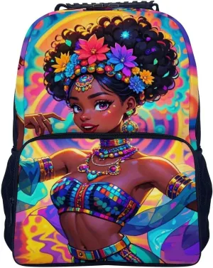 Chic Cartoon Woman African American Black Woman Art Backpack Polyester Anti-Theft Multipurpose Bookbag Large Capacity Laptop Book Bag Rucksack With Side Pockets