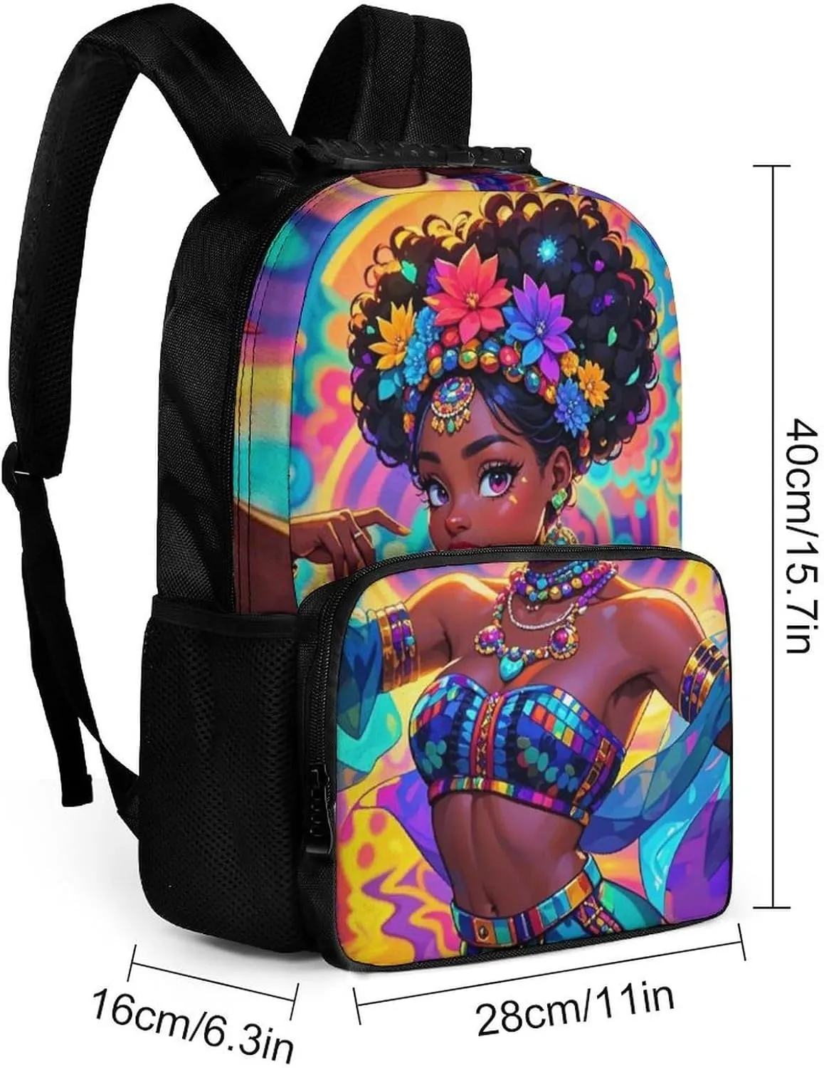 Chic Cartoon Woman African American Black Woman Art Backpack Polyester Anti-Theft Multipurpose Bookbag Large Capacity Laptop Book Bag Rucksack With Side Pockets