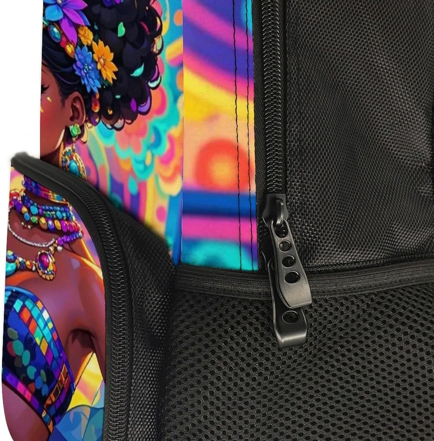 Chic Cartoon Woman African American Black Woman Art Backpack Polyester Anti-Theft Multipurpose Bookbag Large Capacity Laptop Book Bag Rucksack With Side Pockets