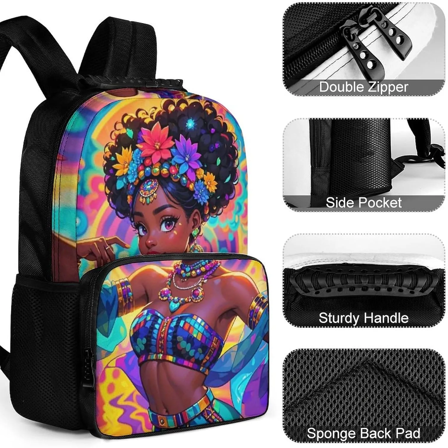 Chic Cartoon Woman African American Black Woman Art Backpack Polyester Anti-Theft Multipurpose Bookbag Large Capacity Laptop Book Bag Rucksack With Side Pockets