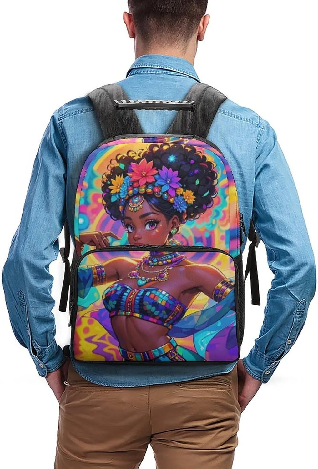Chic Cartoon Woman African American Black Woman Art Backpack Polyester Anti-Theft Multipurpose Bookbag Large Capacity Laptop Book Bag Rucksack With Side Pockets