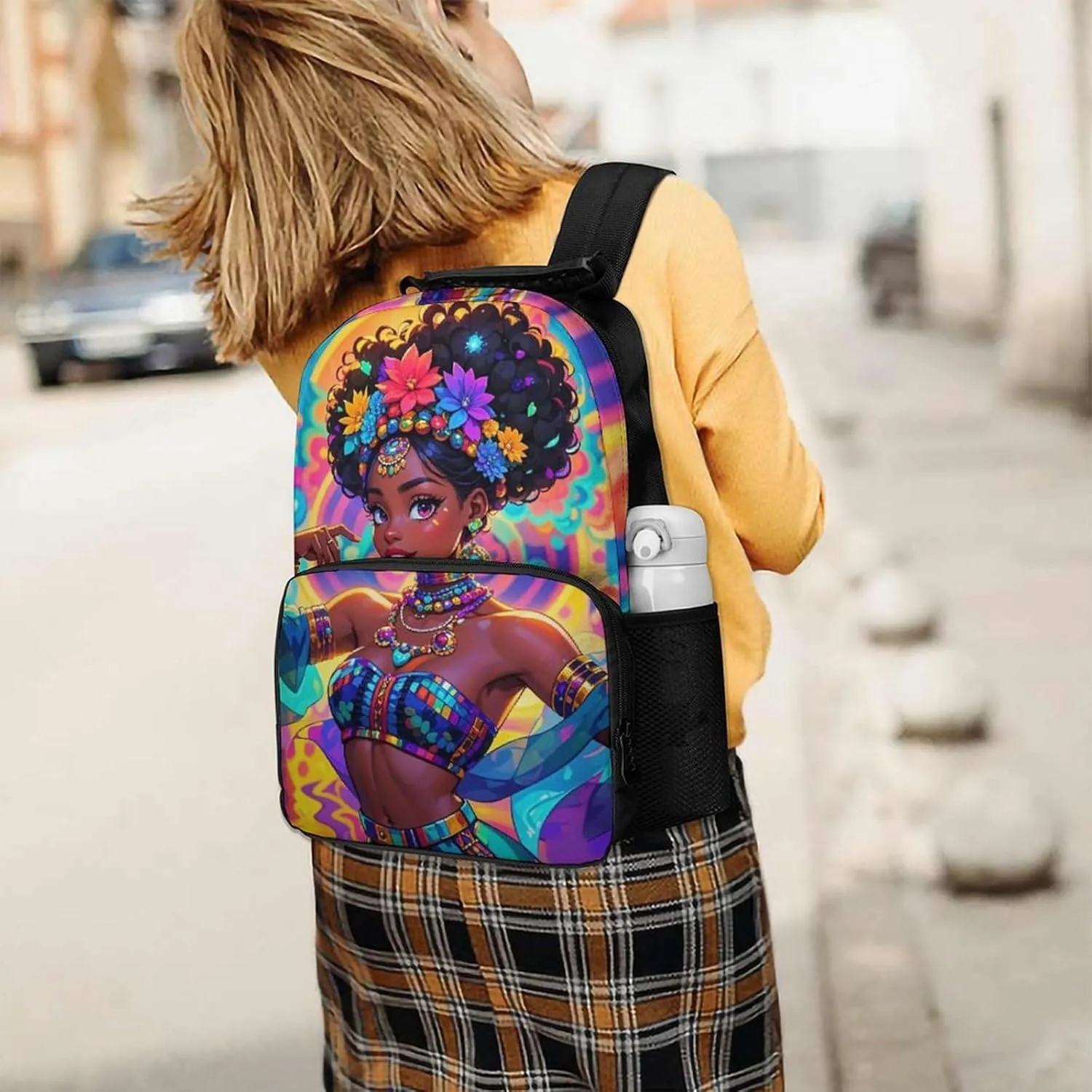 Chic Cartoon Woman African American Black Woman Art Backpack Polyester Anti-Theft Multipurpose Bookbag Large Capacity Laptop Book Bag Rucksack With Side Pockets