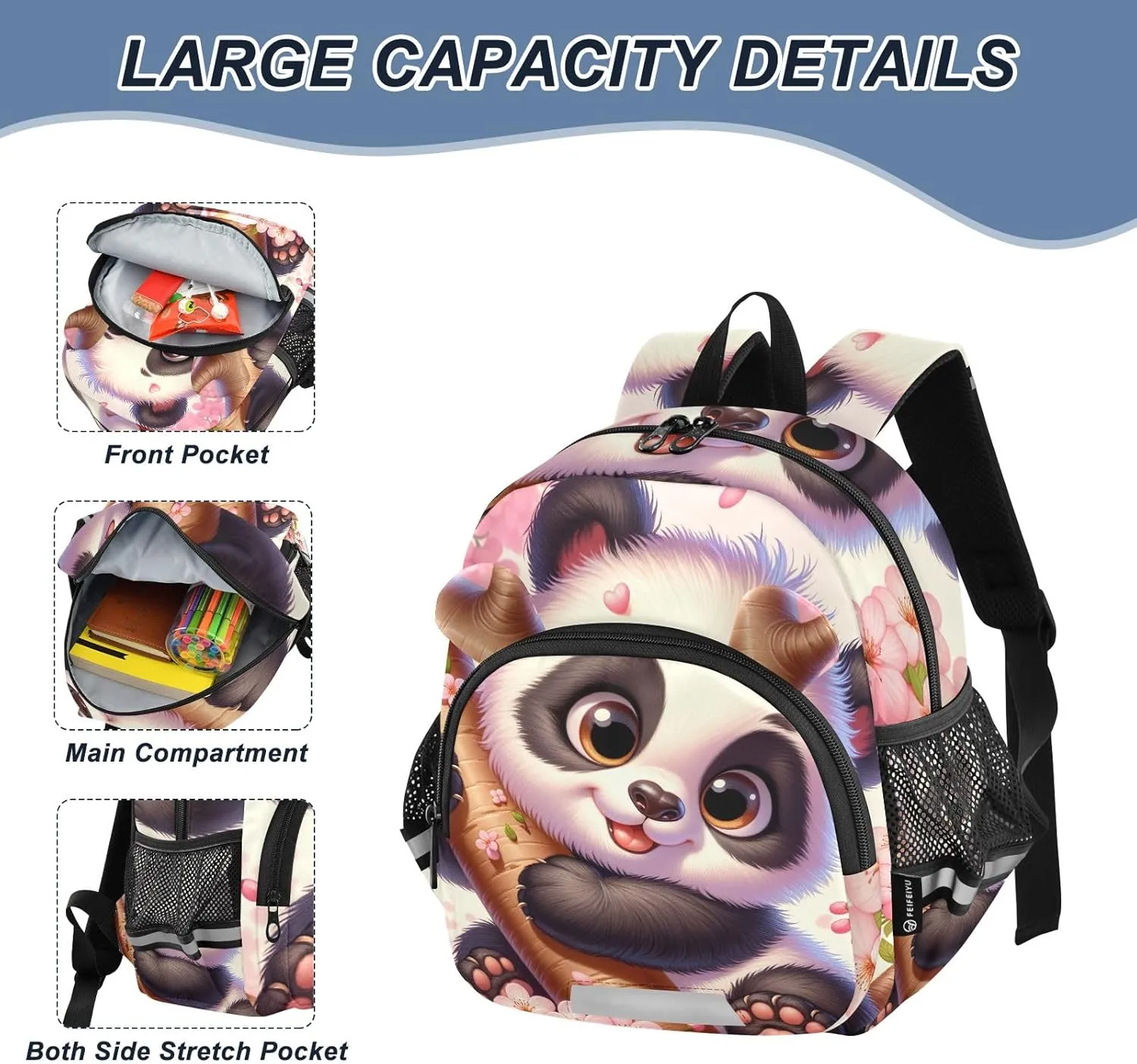 CHIFIGNO Cute Panda Cherry Blossom Toddler Boy Backpack with Leash, Small Travel Book Bag Kids School Bag Preschool Backpack