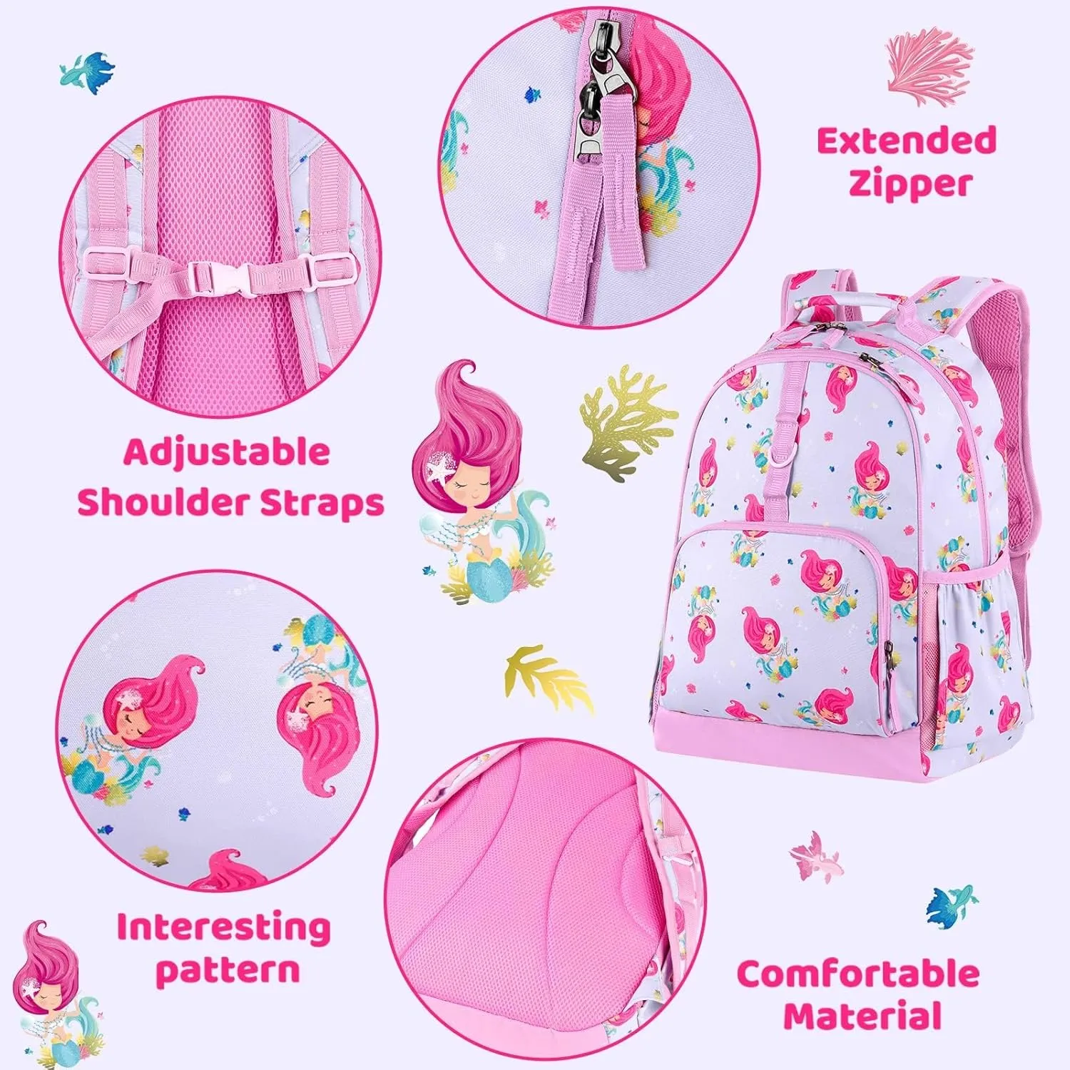 Choco Mocha Backpack for Girls, Kids School Backpacks Girls Backpacks Ages 6-8, Kindergarten Bookbag Girl Elementary School Bag 17 Inch, Mermaid
