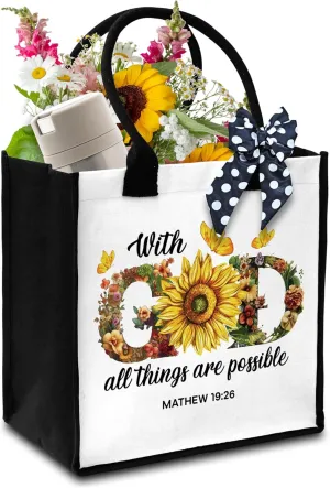 Christian Tote Bags For Women, Inspirational Gift For Women Friends Colleagues Teachers, God With All Things Are Possible Themed Shoulder Bag For Work Shopping Study Travel Holiday, a36