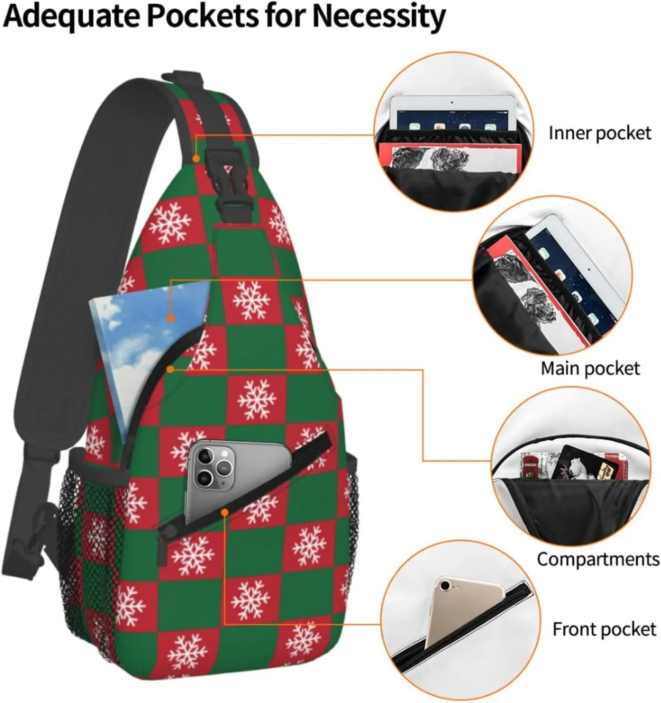 Christmas Checkered Snowflakes Crossbody Sling Bag Adjustable Holiday Pattern With Christmas Candies Chest Bag Shoulder Bag Backpack