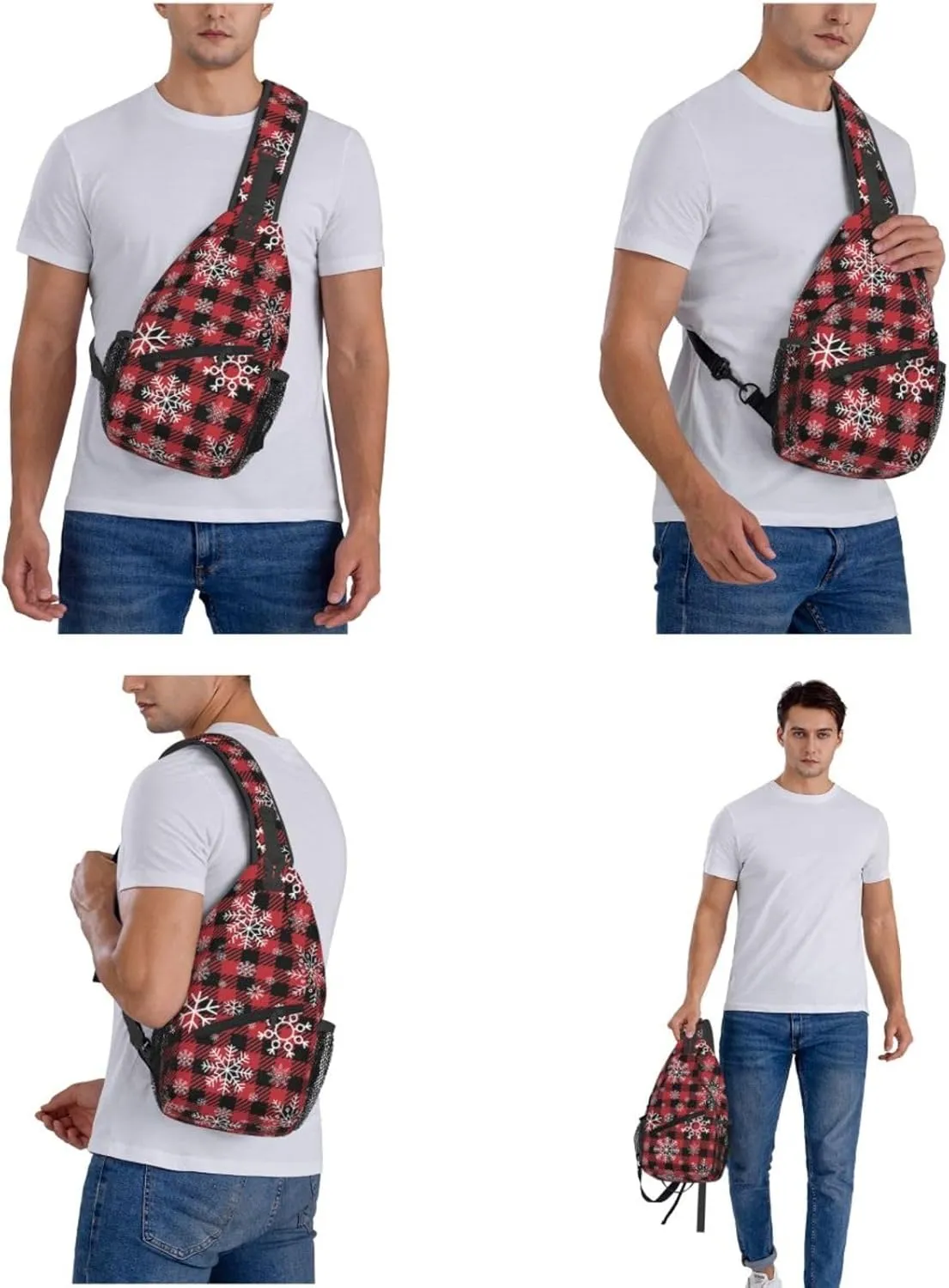Christmas Checkered Snowflakes Crossbody Sling Bag Adjustable Holiday Pattern With Christmas Candies Chest Bag Shoulder Bag Backpack