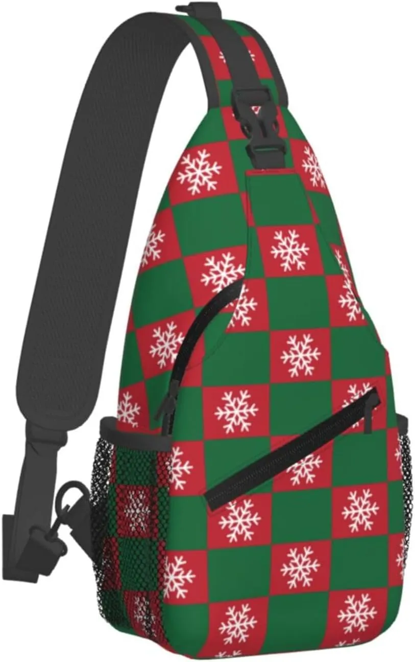 Christmas Checkered Snowflakes Crossbody Sling Bag Adjustable Holiday Pattern With Christmas Candies Chest Bag Shoulder Bag Backpack