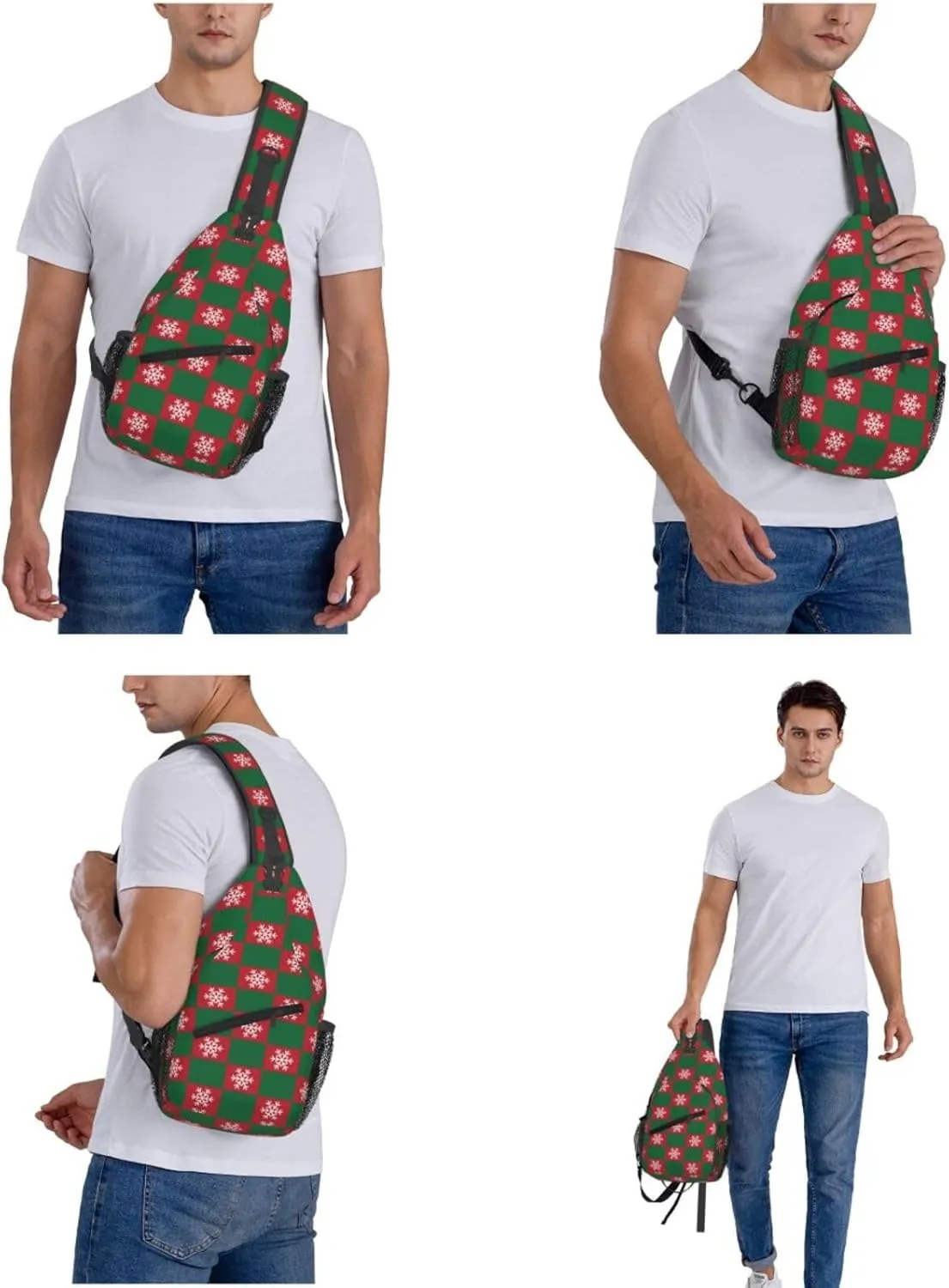 Christmas Checkered Snowflakes Crossbody Sling Bag Adjustable Holiday Pattern With Christmas Candies Chest Bag Shoulder Bag Backpack