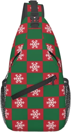 Christmas Checkered Snowflakes Crossbody Sling Bag Adjustable Holiday Pattern With Christmas Candies Chest Bag Shoulder Bag Backpack