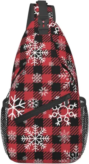 Christmas Checkered Snowflakes Crossbody Sling Bag Adjustable Holiday Pattern With Christmas Candies Chest Bag Shoulder Bag Backpack