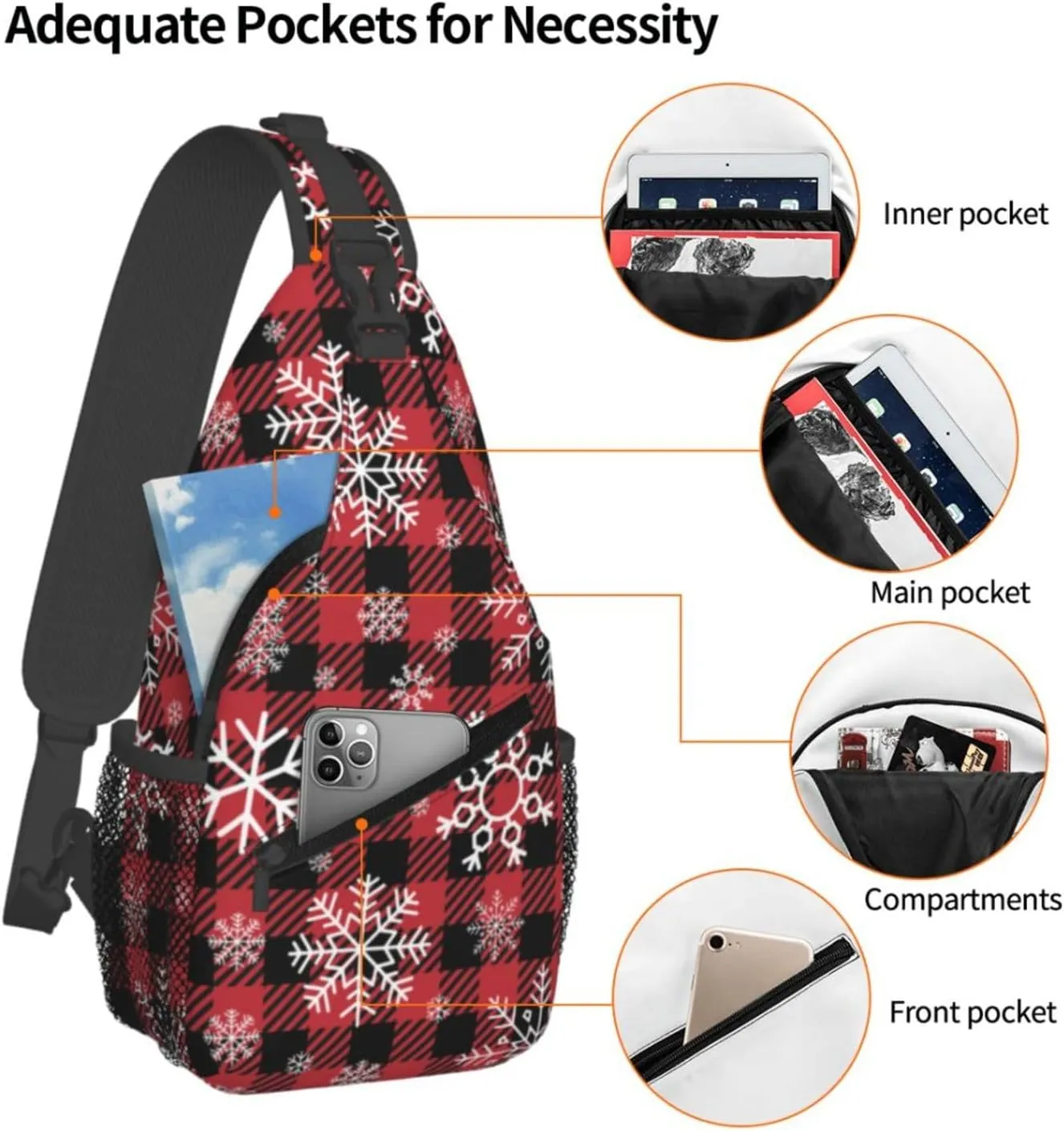 Christmas Checkered Snowflakes Crossbody Sling Bag Adjustable Holiday Pattern With Christmas Candies Chest Bag Shoulder Bag Backpack