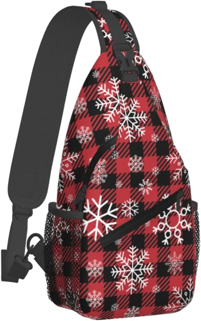 Christmas Checkered Snowflakes Crossbody Sling Bag Adjustable Holiday Pattern With Christmas Candies Chest Bag Shoulder Bag Backpack