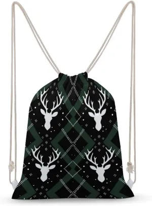 Christmas Deer Drawstring Backpack Canvas Double Shoulder Bag String Bag Sports Gym Bag for Men Women 30x40cm