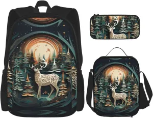 Christmas Deer Print Versatile Adjustable Shoulder Fashion Backpack Lunch Bag Pencil Case Large Capacity
