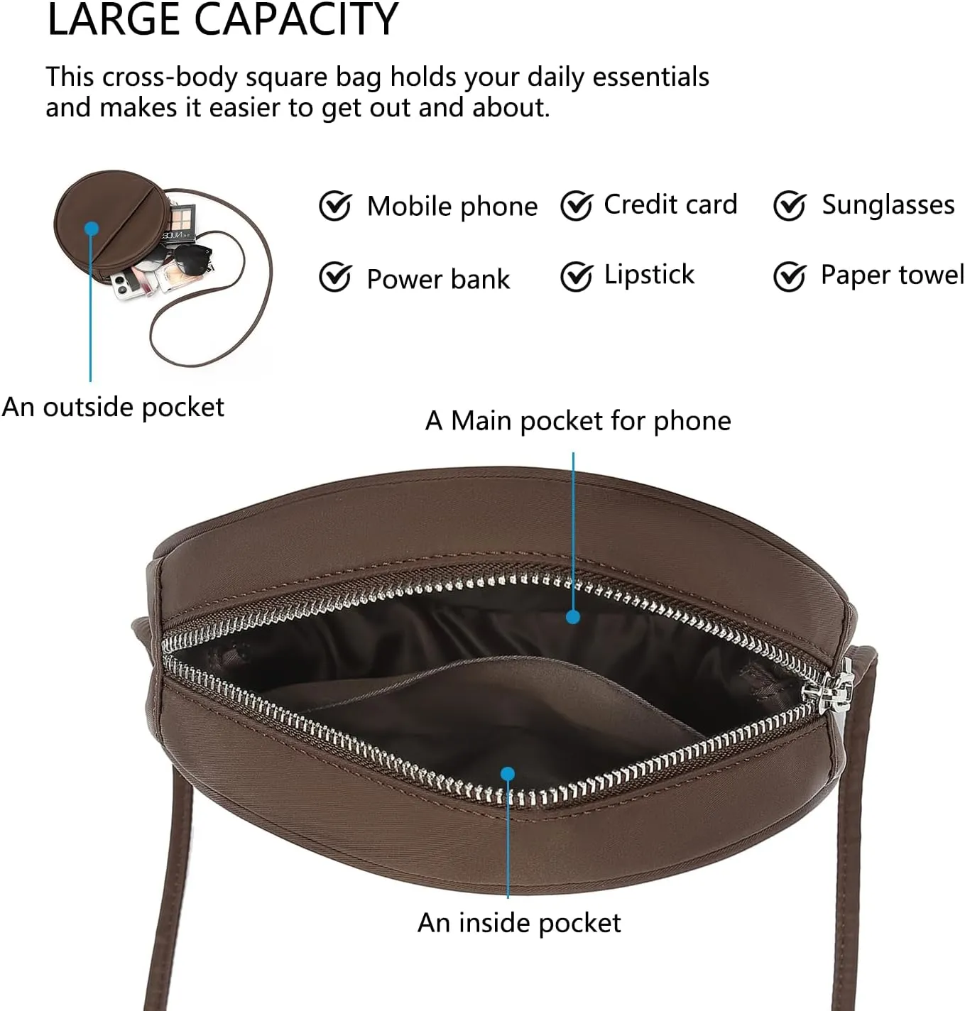 Circle Crossbody Bag for Women NYLON Circle Purse with Zipper Adjustable Knot Shoulder Straps