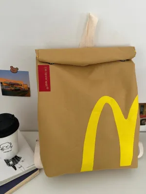 Classic Funny Retro Paper Bag Large Capacity Backpack Cute Personalized Shoulder Crossbody Bag Casual Canvas Backpack Notebook Bag, Yellow
