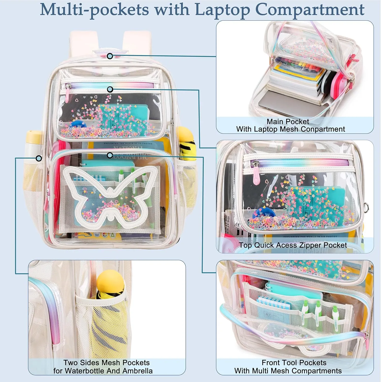 Clear Backpack for Kids Teens Girls Women Heavy Duty See Through Backpacks Cute Elementary Middle High School Bag TPU Transparent Bookbag for College, Work, Stadium Events, Security Travel