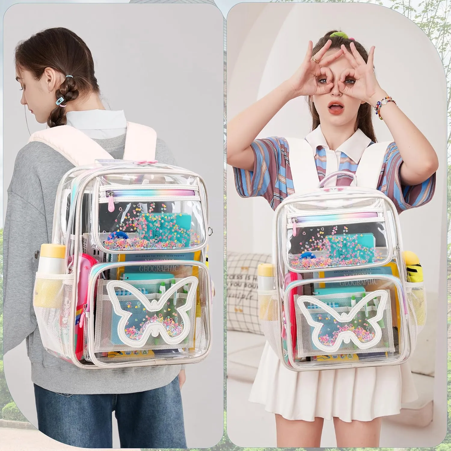Clear Backpack for Kids Teens Girls Women Heavy Duty See Through Backpacks Cute Elementary Middle High School Bag TPU Transparent Bookbag for College, Work, Stadium Events, Security Travel