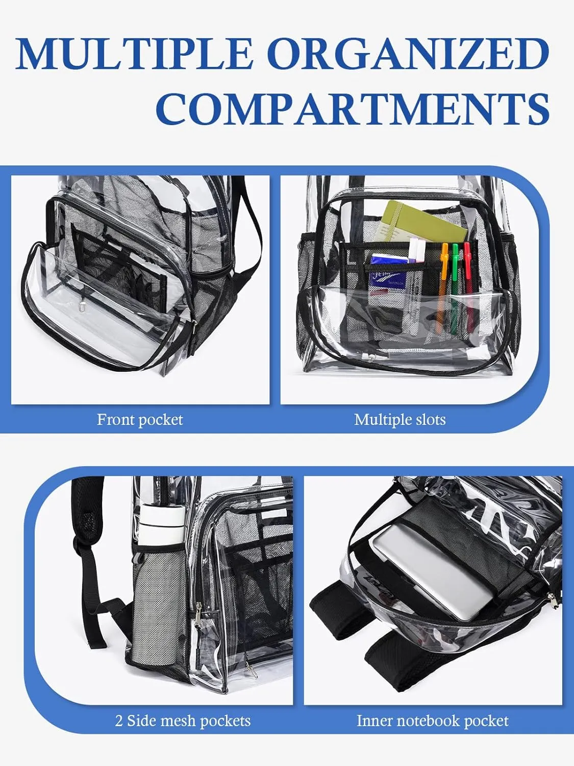 Clear Backpack for School, 17 inch Large Heavy Duty-TPU See Through Bookbag for Boys Girls and Adult, Transparent Backpack With Multi-Pockets for College Work Gym Sport, Black