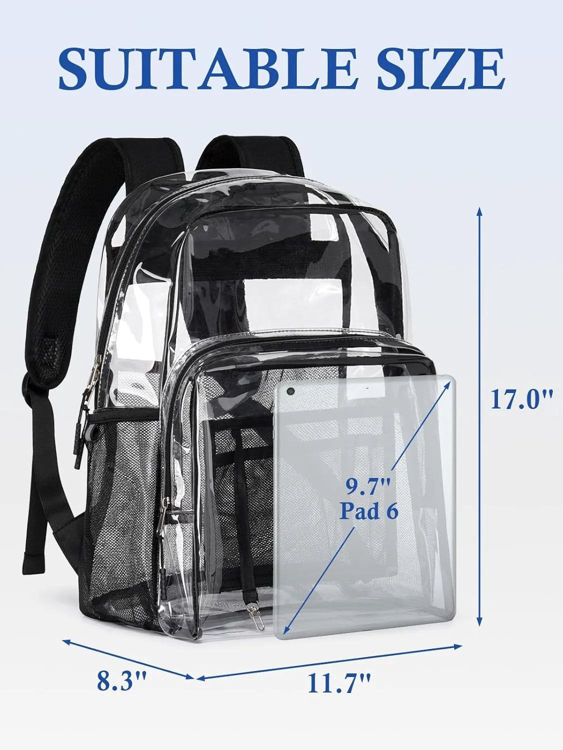 Clear Backpack for School, 17 inch Large Heavy Duty-TPU See Through Bookbag for Boys Girls and Adult, Transparent Backpack With Multi-Pockets for College Work Gym Sport, Black