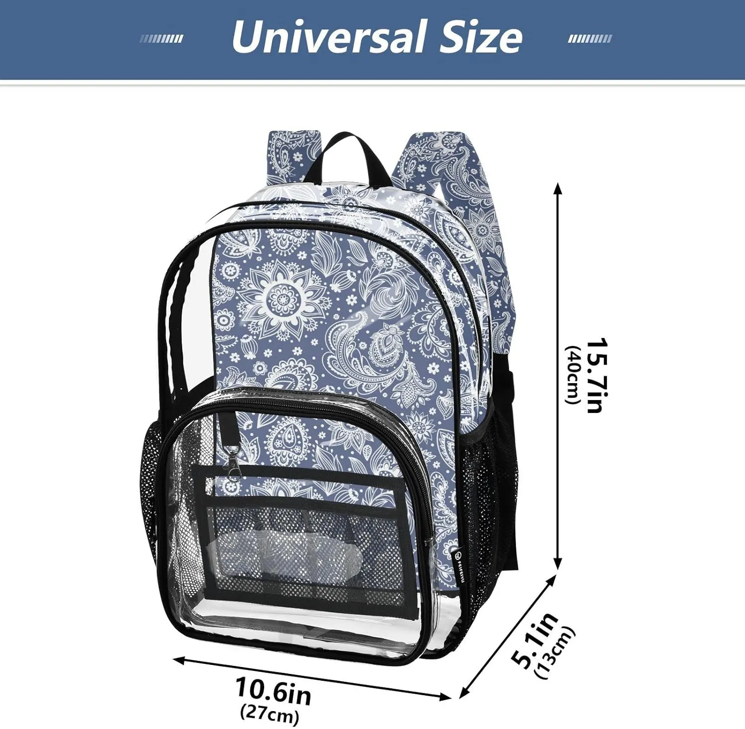 Clear Backpack for Stadium Events School Backpacks Girls Boys heavy duty PVC Waterproof Transparent Plastic Book Bag for Women Work Blue Paisley