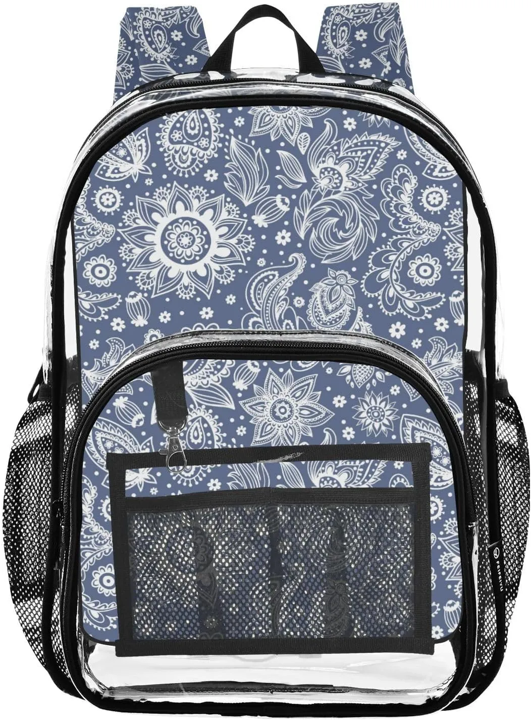 Clear Backpack for Stadium Events School Backpacks Girls Boys heavy duty PVC Waterproof Transparent Plastic Book Bag for Women Work Blue Paisley