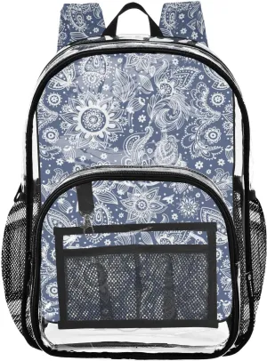 Clear Backpack for Stadium Events School Backpacks Girls Boys heavy duty PVC Waterproof Transparent Plastic Book Bag for Women Work Blue Paisley