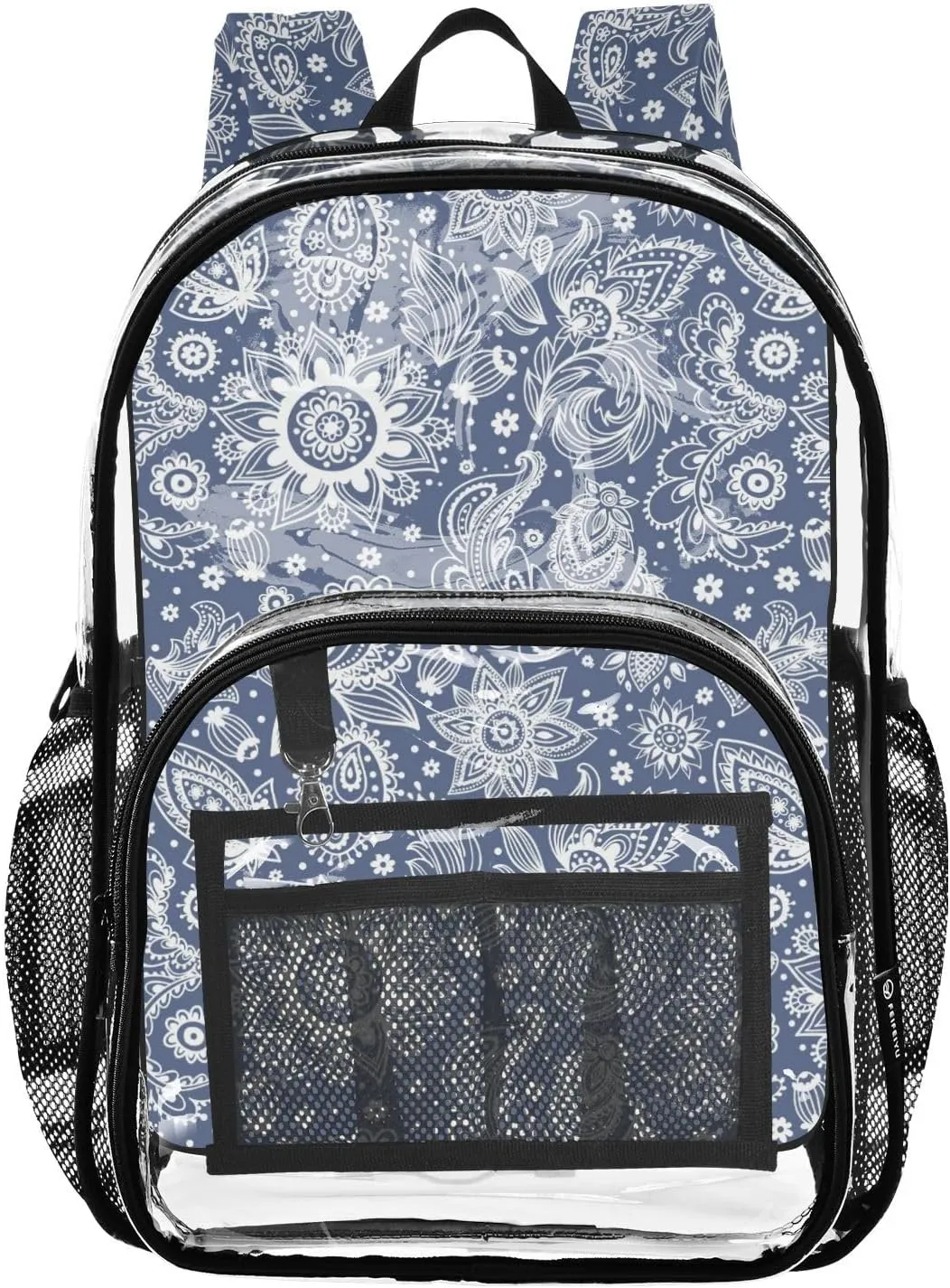 Clear Backpack for Stadium Events School Backpacks Girls Boys heavy duty PVC Waterproof Transparent Plastic Book Bag for Women Work Blue Paisley