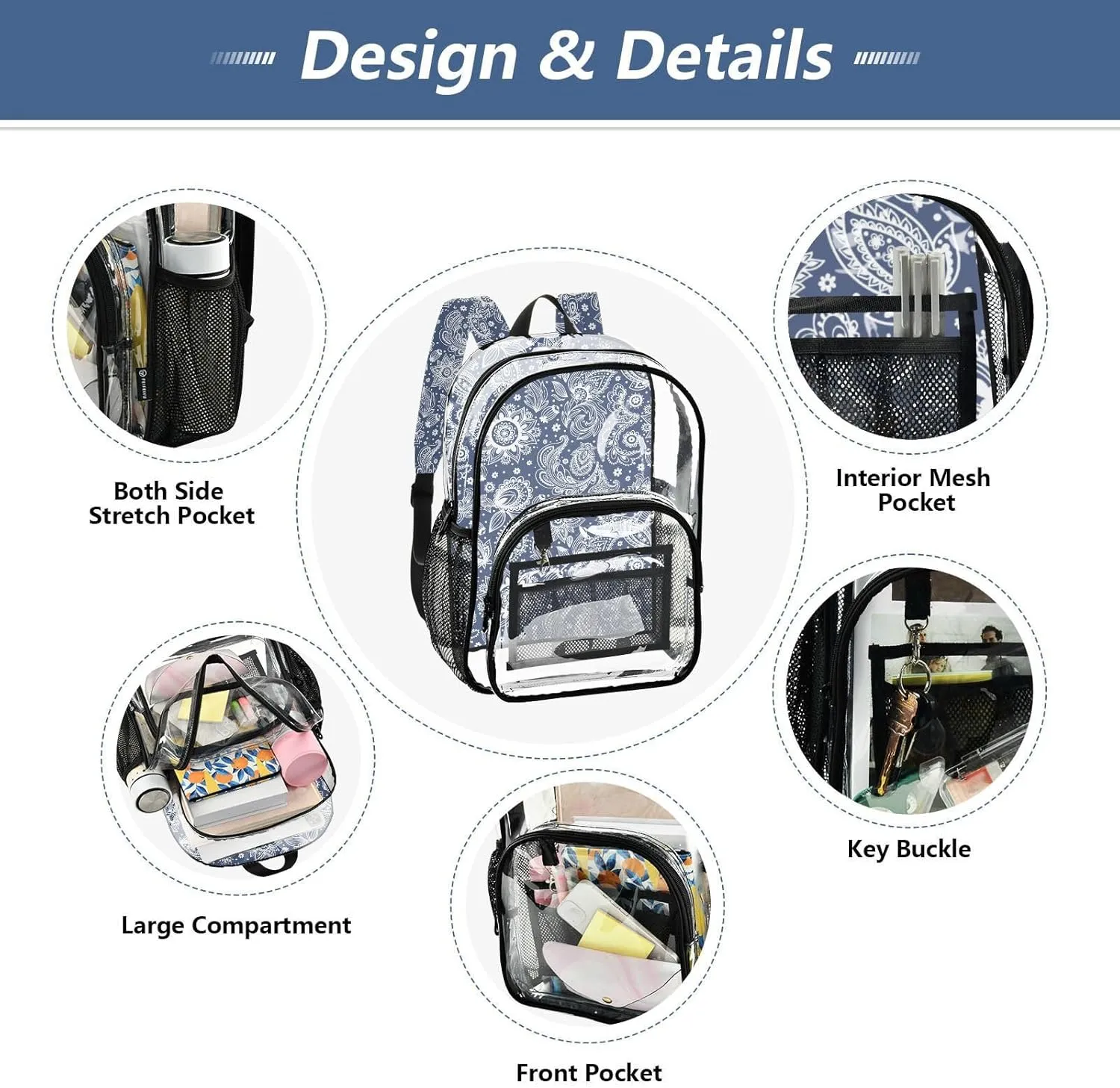 Clear Backpack for Stadium Events School Backpacks Girls Boys heavy duty PVC Waterproof Transparent Plastic Book Bag for Women Work Blue Paisley