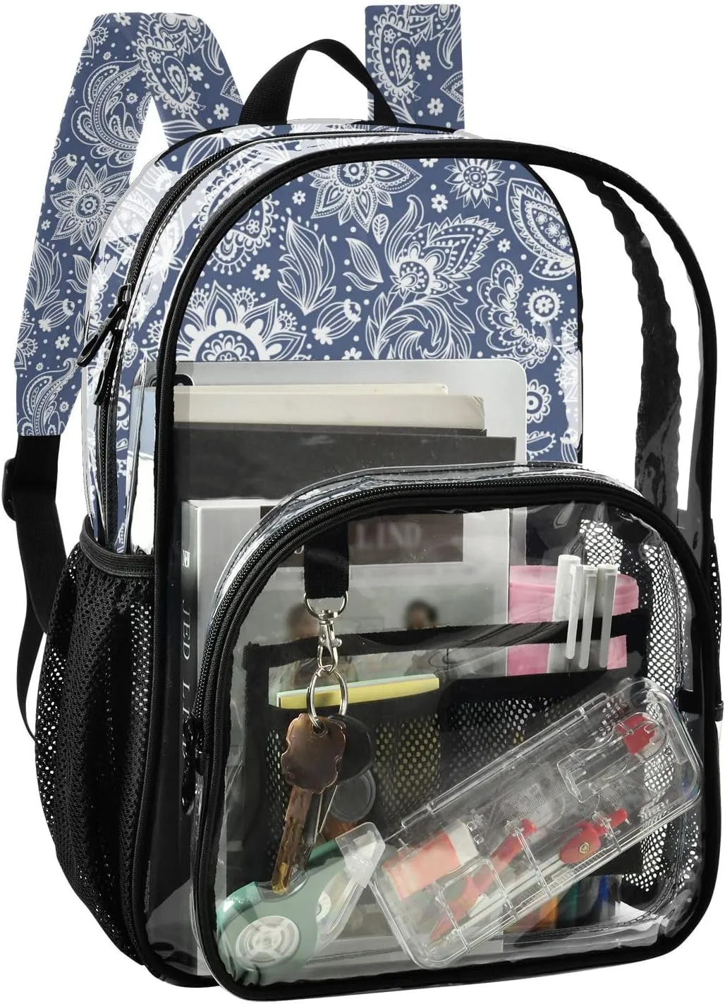 Clear Backpack for Stadium Events School Backpacks Girls Boys heavy duty PVC Waterproof Transparent Plastic Book Bag for Women Work Blue Paisley