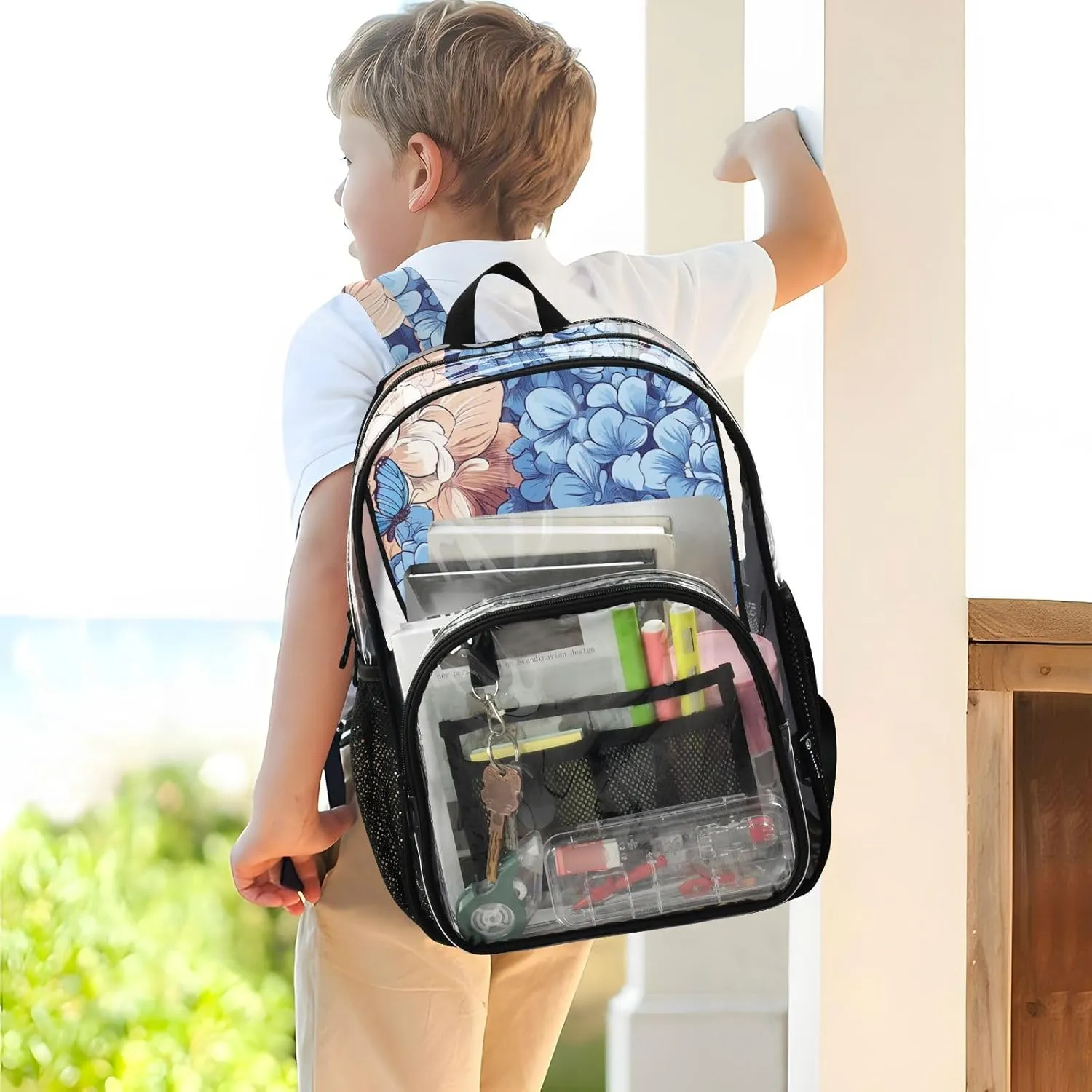 Clear Backpack for Stadium Events School Backpacks Girls Boys heavy duty PVC Waterproof Transparent Plastic Book Bag for Women Work Brown Abyssinian Cat Hydrangea