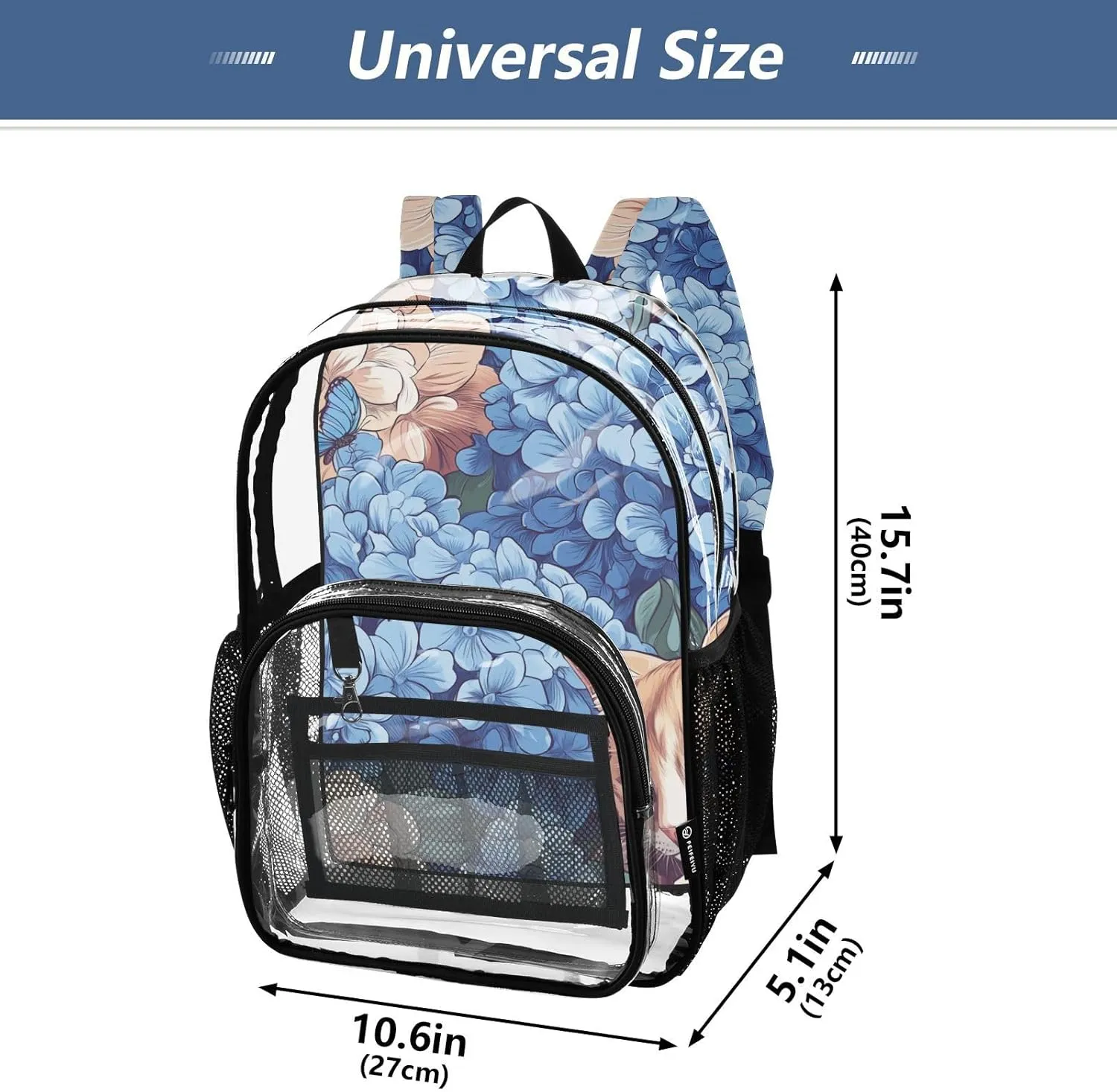 Clear Backpack for Stadium Events School Backpacks Girls Boys heavy duty PVC Waterproof Transparent Plastic Book Bag for Women Work Brown Abyssinian Cat Hydrangea